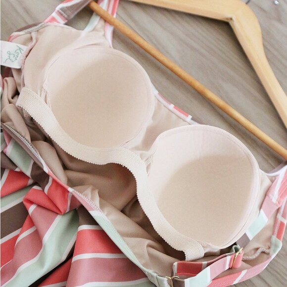 Kona Sol Scoop Neck Mint Mauve Vertical Striped Builtin Bra One Piece Swimsuit L - Picture 7 of 10